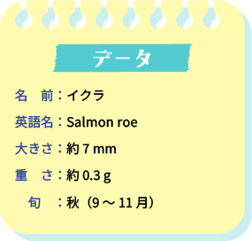 データ。名前：イクラ。英語名：Salmon roe。大きさ：約7㎜。重さ：約0.3g。旬：秋（9～11月）。