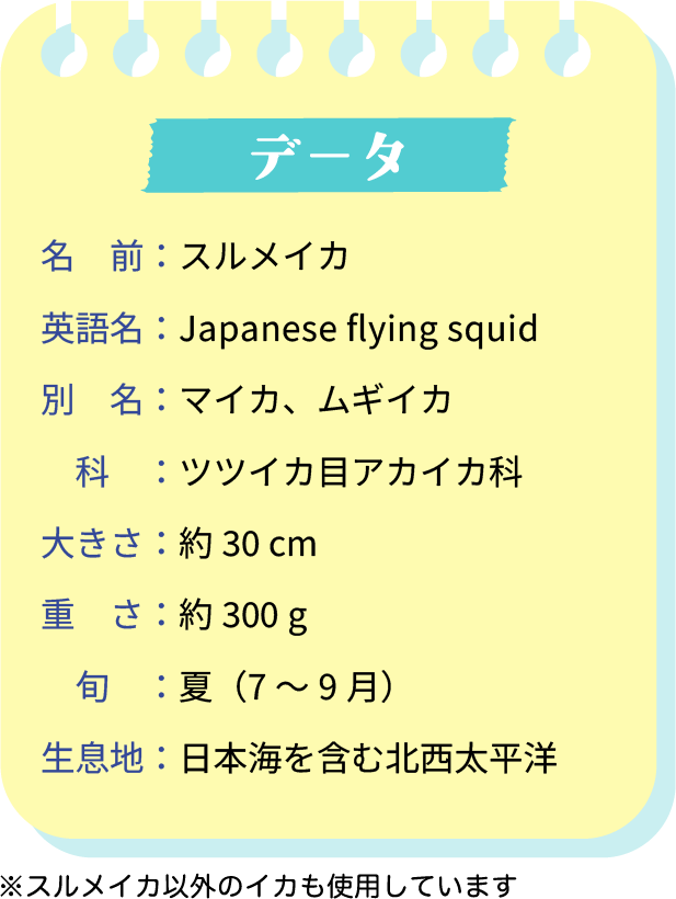 データ。名前：スルメイカ。英語名：Japanese flying squid。別名：マイカ、ムギイカ。科：ツツイカ目アカイカ科。大きさ：約30cm。重さ：約300g。旬：夏（7～9月）。生息地：日本海を含む北西太平洋。※スルメイカ以外のイカも使用しています。